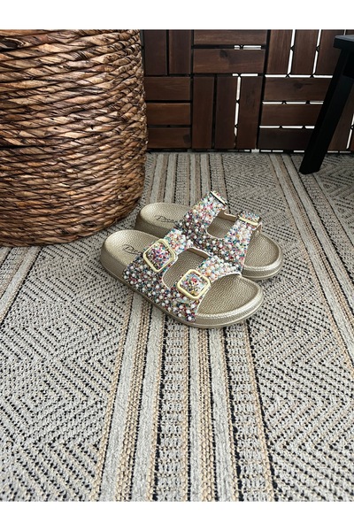 Behtah Kundura Simli Taşlı Ortopedik Yumuşak Tabanlı Konfor Modeli Terlik Çift Tokalı BRK Günlük Rahat Terlik