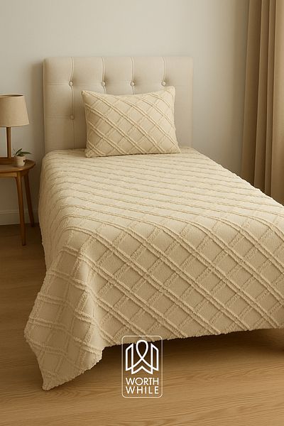 WorthWhile Vera Single Bedspread 180X240 |   Cappuccino Chenille Fabric, Diamond Pattern, Soft Textured
