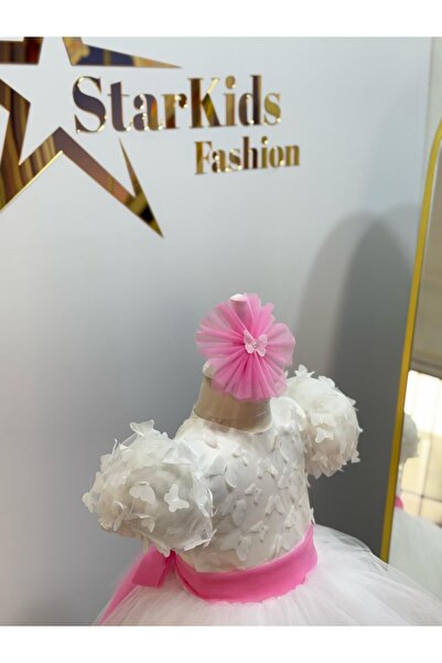 Star Kids Kız Çocuk Balon Kol Beyaz Kelebek Elbise, Kız Çocuk Beyaz Abiye Elbise, Bayramlık Elbise