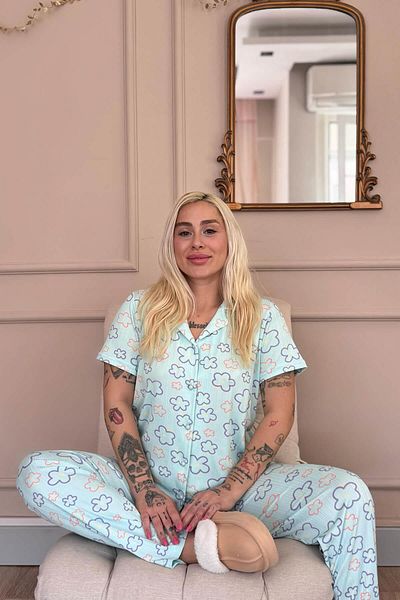 Pijamaevi Blaue Linie Blumenmuster gestrickt kurze Ärmel Damen Pyjama Set mit Knopfverschluss vorne