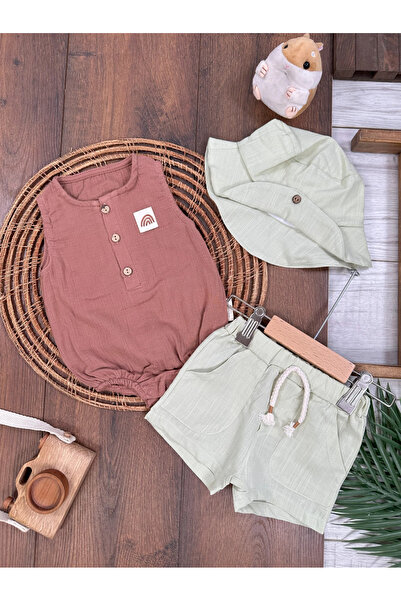 Bolly Baby Müslin Şapkalı Alttan Çıtçıtlı Keten Şortlu Yazlık Erkek Bebek Takım
