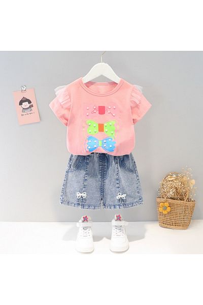 Superbaby Costumas cu bluzita roz si pantalonasi din blugi - Fundite
