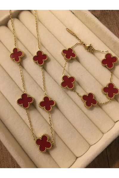 ANGELSS JEWELLERY Claret Red Clover Model Necklace and Bracelet Set of 2 (Clover Claret Red Necklace Bracelet Set)