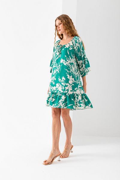 EtkiModa Women's Green White Wide Lace Collar Skirt Ruffled Viscose Woven Dress