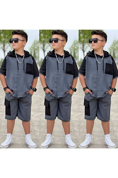 PeluşÇocuk Boy's Summer Stylish Hoodie-Shorts Set