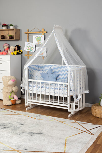 Bamgidoo Ahşap Beşik Anne Yanı Bebek Beşikleri Beyaz 60x120 Mavi Yıldız Uyku ...