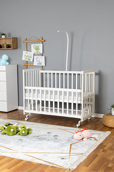 Bamgidoo Ahşap Beşik Anne Yanı Bebek Beşik Beyaz 70x130 - Uyku Setsiz Tek Yataklı Tekerlekli