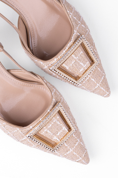 Tasarım Kadın Tokalı Topuklu Slingback Ayakkabı Özel Tasarım İnce Topuklu Tweed Kumaşlı Abiye Ayakkabı