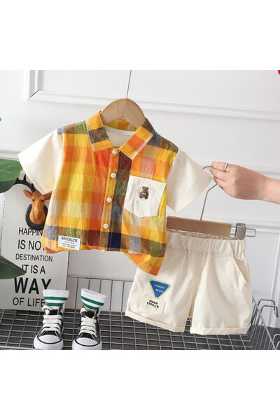 Superbaby Αγορίστικο κοστούμι με κίτρινο καρό πουκάμισο