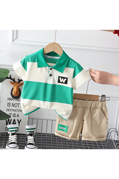 Superbaby Αγορίστικο κοστούμι με πράσινο και ιβουάρ ριγέ πόλο μπλουζάκι