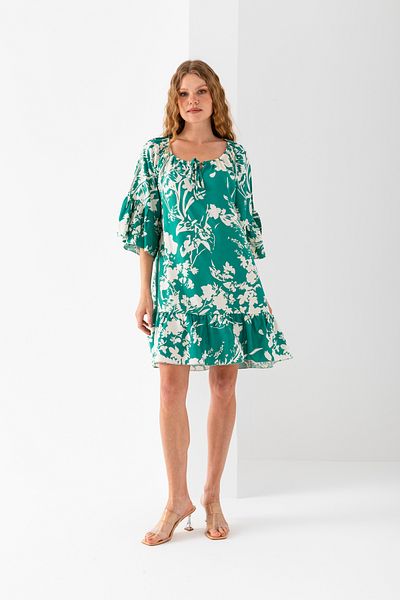 EtkiModa Women's Green White Wide Lace Collar Skirt Ruffled Viscose Woven Dress