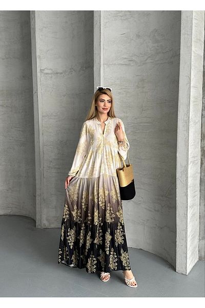 QUAWEAR V-Neck Gold Foil Printed Glittery Viscose Fabric Full Length Dress