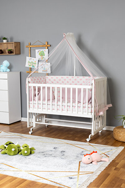 Bamgidoo Ahşap Bebek Beşik Anne Yanı Doğal Beşik Beyaz 70x130-pembe Balina Uy...