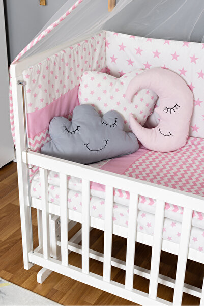 Bamgidoo Ahşap Bebek Beşik Anne Yanı Beşik Beyaz 70x130 - Pembe Yıldız 3 Yastıklı Uyku Seti Yataklı