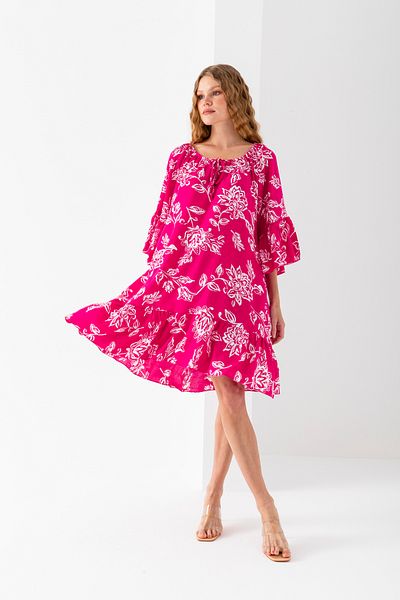 EtkiModa Γυναικεία ροζ και λευκή φαρδιά φούστα με κορδόνια με βολάν από βισκόζη
