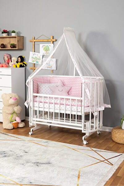 Bamgidoo Ahşap Anne Yanı Bebek Beşik Modelleri Beyaz 60x120 Pembe Yıldız Uyku Seti Yatak Tekerlekli