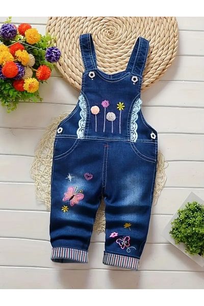 Superbaby Salopeta din blugi pentru fetite cu broderie florala si fluturi
