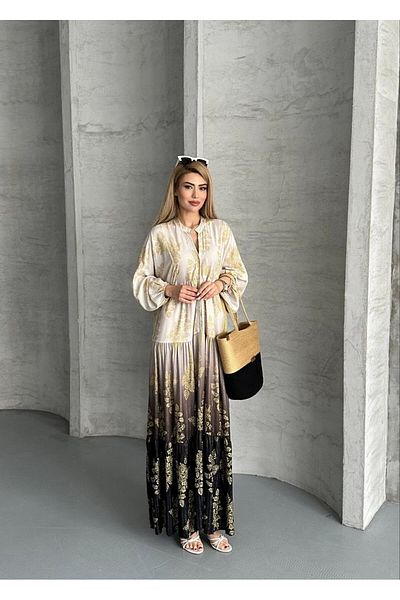 QUAWEAR V-Neck Gold Foil Printed Glittery Viscose Fabric Full Length Dress