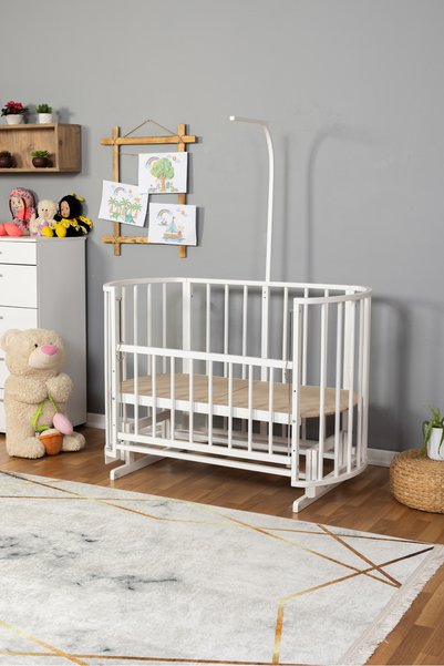 Bamgidoo Ahşap Anne Yanı Bebek Beşikleri 60x120 Beyaz Güpür Uyku Seti Yatak