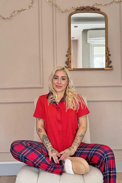 Pijamaevi Red Tartan Exclusive Front Buttoned Women's Pajama Set