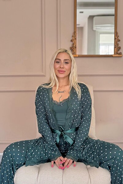 Pijamaevi Sada dámského pyžama se smaragdovým mini puntíkovaným bambusovým županem