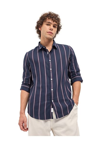 The Bear House Men's Navy with White & Red Stripes Slim Fit Casual Shirt for Every Occasion
