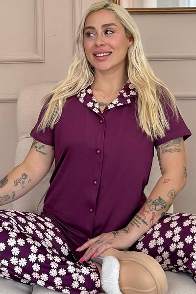 Pijamaevi Purple Daisy Exclusive Front Buttoned Women's Pajama Set