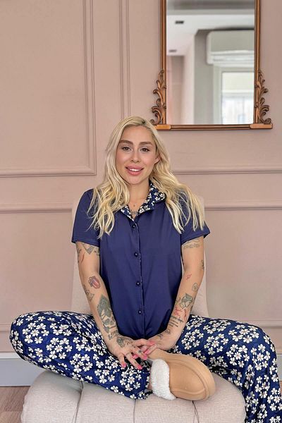 Pijamaevi Navy Blue Blossom Exclusive Front Buttoned Women's Pajama Set