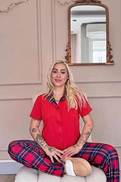 Pijamaevi Kırmızı Tartan Exclusive Önden Düğmeli Kadın Pijama Takımı