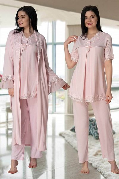 BLACKMORE Women's Pink Lace Design Full Length Nightgown-Dressing Gown & Sleepwear Suit 4-Piece Set