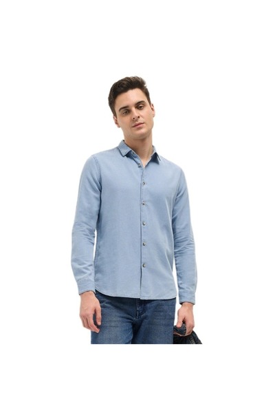The Bear House Men's Light Blue Solid Slim Fit Denim Casual Shirt for Every O...