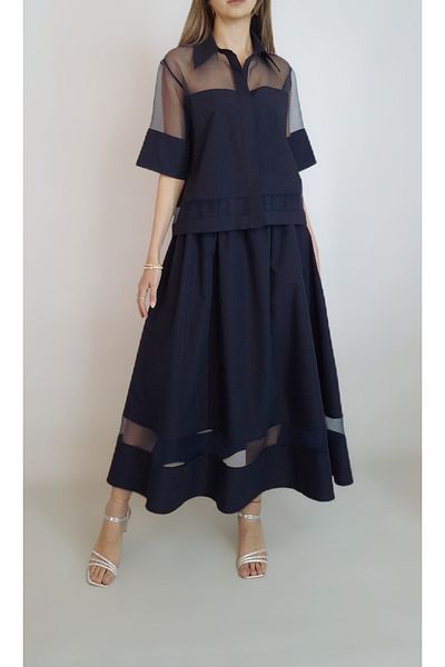 oyagüler Women's Navy Blue Organza Detailed Tricoton Shirt Skirt Double Set Yy 101226