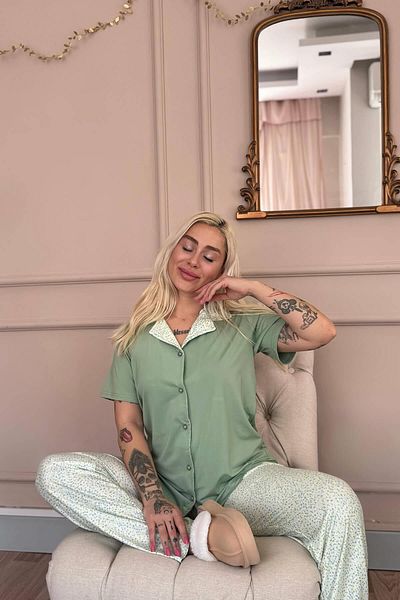 Pijamaevi Mint Serenity Exclusive Front Buttoned Women's Pajama Set