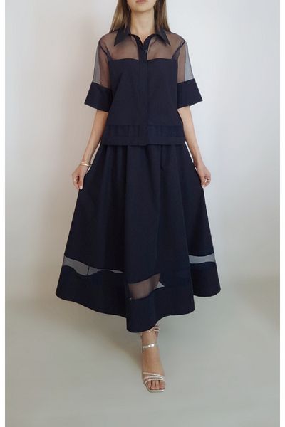 oyagüler Women's Navy Blue Organza Detailed Tricoton Shirt Skirt Double Set Yy 101226