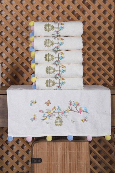 Mira Home 6-Piece Bird Embroidered Hand Face Towel Set Pompom Towel Set 50 x 90 Cm