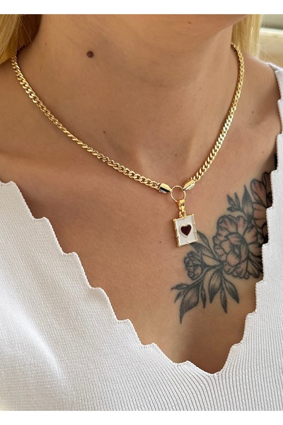 takıtarzım Gold Burgundy Heart Figured Women's Steel Chain Necklace
