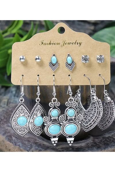 Silver Bohemian Ethnic Style Women's Fashionable Drooping Earrings and Nails Set, Multi-Piece Set in Silver Color