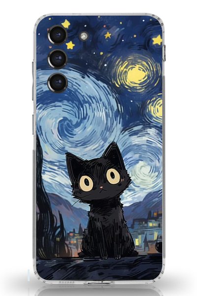 TechTree Galaxy S21 Fe Compatible Midnight Cat Design Clear Silicone Case