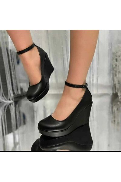 AYDOĞDU by ünal Black Skin Wedge Sole Evening Dress Women's Shoes