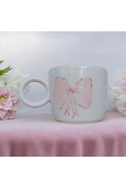 Kübistseramik Pink Bow Ceramic Handmade Nescafe Cup