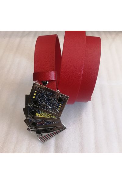 Butik Tülin Unisex Authentic Genuine Cowhide Leather Red Silver Poker Spade Flush Royal Playing Card Cowboy Buckle Belt