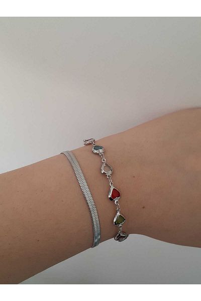 bijoux uniques Set of 2 Colorful Heart Italian Chain Steel Bracelets