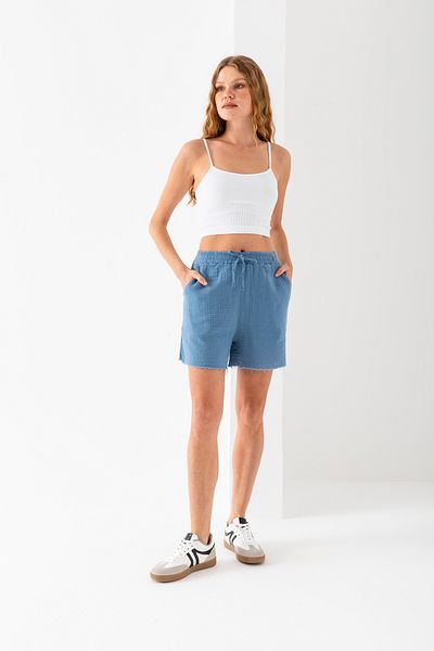 EtkiModa Pantaloni scurți de damă, 100% bumbac, albastru baby, cu picioare largi