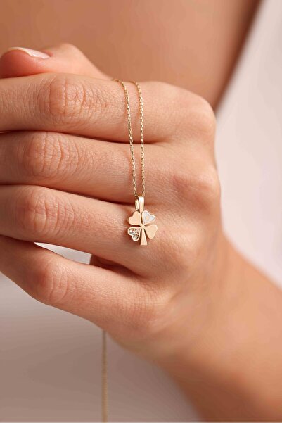 Gianfranco 14 Ayar Altın Taşlı Beyaz Mineli Yonca Kolye Ucu