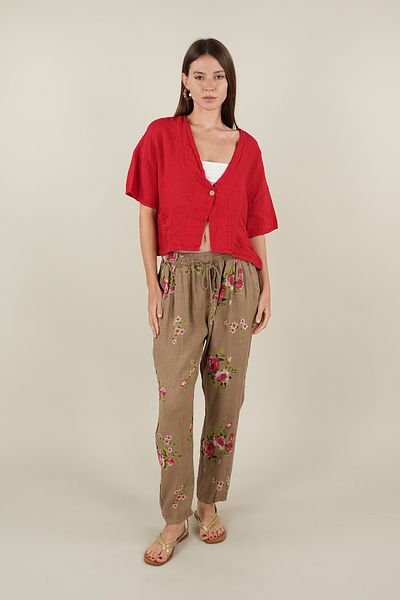 Ranasubaşı Rose Model Tied Linen Trousers Camel