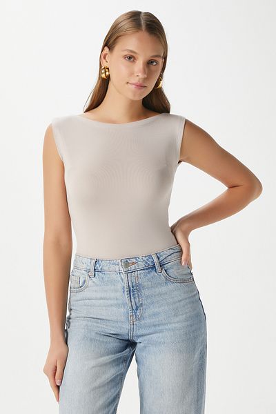 Ritnice Bluză de damă Nova Boat Neck Lux Touch Soft Texture fără mâneci bej