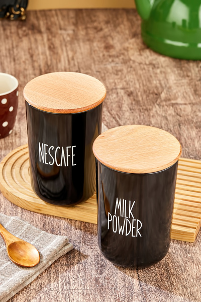 MODA OZY 2'li Ahşap Vakum Kapaklı Transfer Etiketli Nescafe/milkpowder Akrili...