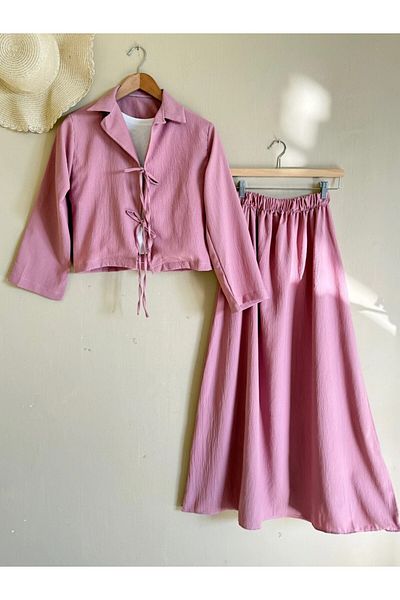 ENDAMIM Thin Seersucker Fabric Shirt Collar Front Tie Double Set