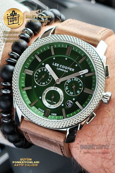 Lee Cooper Original Lee Cooper Green Dial Brown Leather Strap Men's Wristwatch with Function Calendar
