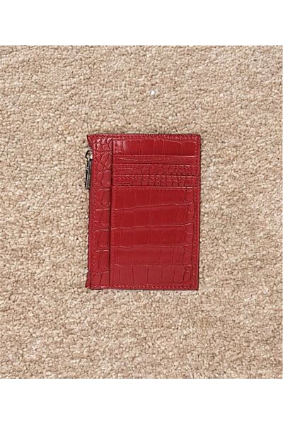 zauram Crocodile Patterned Zipper Detailed Red Card Holder